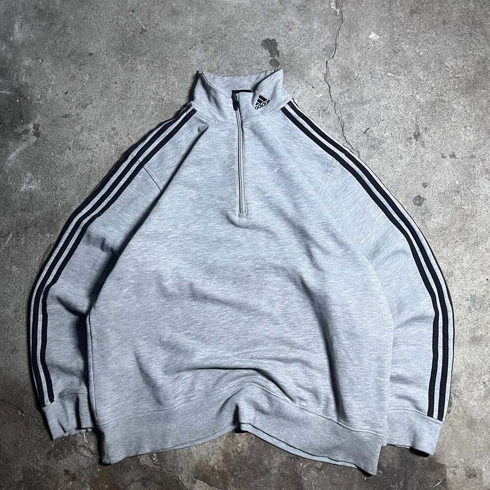 Adidas Vintage Y2K Grey 1/4 Zip Pullover Sweatshirt with 3 Stripes Size M